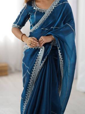 teal jmc art silk blend embroidered saree with sequin work blouse  party & festive wear 3