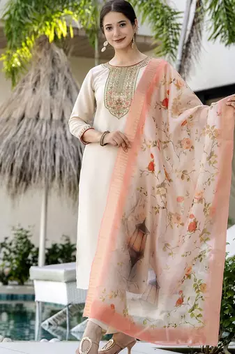 Off white elegant rayon embroidered kurti set with organza dupatta ready-made stitched suit