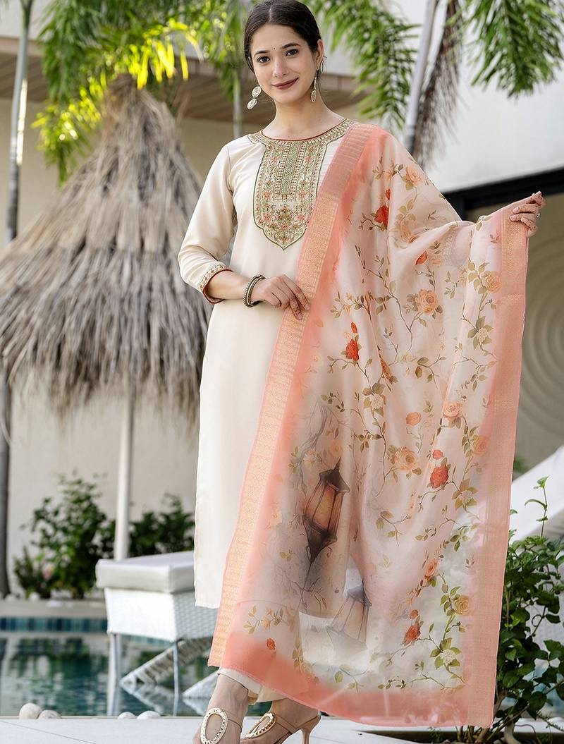 Off white elegant rayon embroidered kurti set with organza dupatta – ready-made stitched suit
