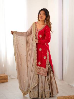 Red elegant chinon silk kurta sharara set with sequins & pearl work ready-made party wear 1