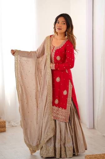 Red elegant chinon silk kurta sharara set with sequins & pearl work – ready-made party wear