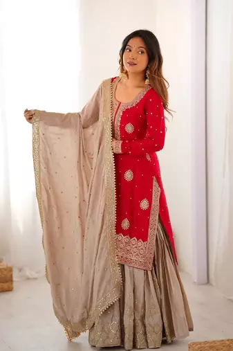 Red elegant chinon silk kurta sharara set with sequins & pearl work ready-made party wear
