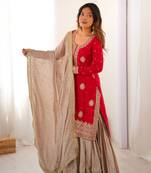 Red elegant chinon silk kurta sharara set with sequins & pearl work – ready-made party wear