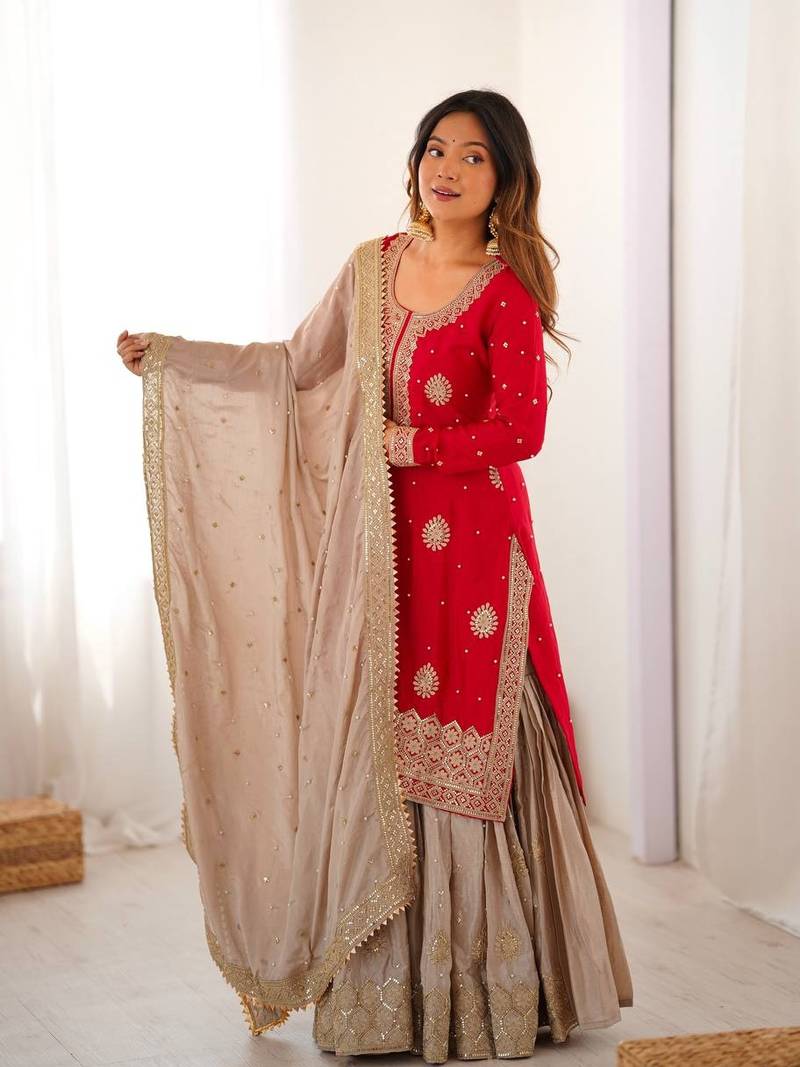 Red elegant chinon silk kurta sharara set with sequins & pearl work – ready-made party wear