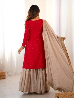 Red elegant chinon silk kurta sharara set with sequins & pearl work ready-made party wear 2