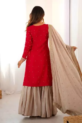 Red elegant chinon silk kurta sharara set with sequins & pearl work ready-made party wear