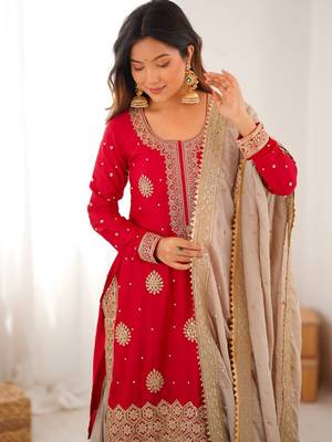 Red elegant chinon silk kurta sharara set with sequins & pearl work ready-made party wear 3