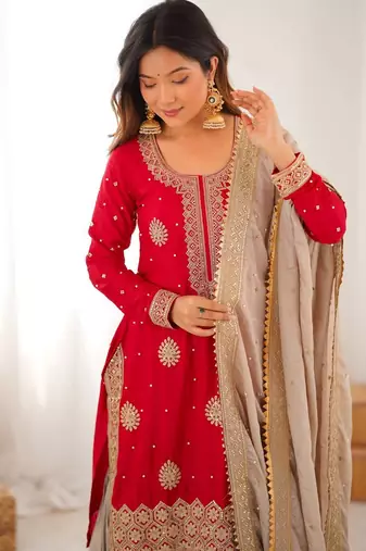 Red elegant chinon silk kurta sharara set with sequins & pearl work ready-made party wear