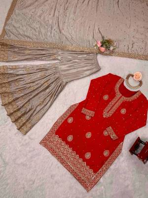 Red elegant chinon silk kurta sharara set with sequins & pearl work ready-made party wear 4