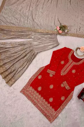 Red elegant chinon silk kurta sharara set with sequins & pearl work ready-made party wear