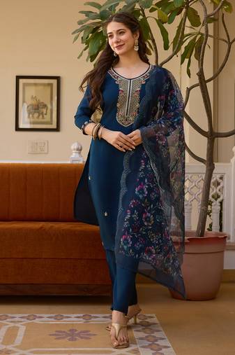 Navy blue embroidered beads viscose chanderi kurta set with dupatta