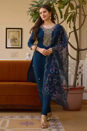 Navy blue embroidered beads viscose chanderi kurta set with dupatta