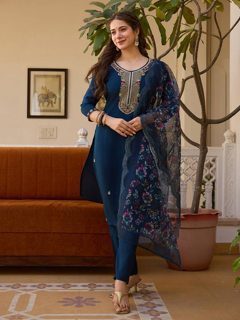 Navy blue embroidered beads viscose chanderi kurta set with dupatta