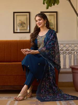 Navy blue embroidered beads viscose chanderi kurta set with dupatta 2