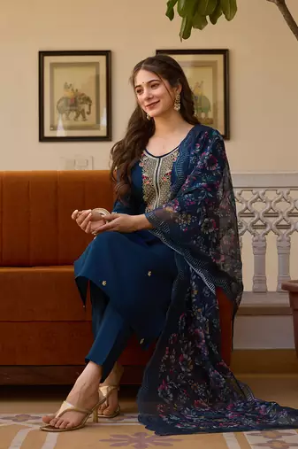Navy blue embroidered beads viscose chanderi kurta set with dupatta