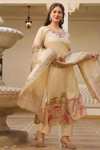 Cream embroidered beads viscose assam silk kurta set with dupatta