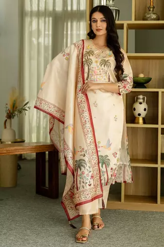 Cream embroidered beads viscose assam silk kurta set with dupatta