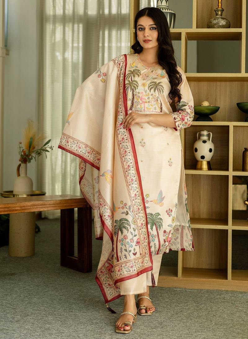 Cream embroidered beads viscose assam silk kurta set with dupatta