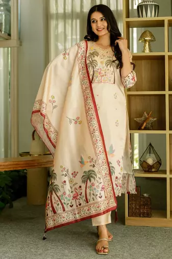 Cream embroidered beads viscose assam silk kurta set with dupatta