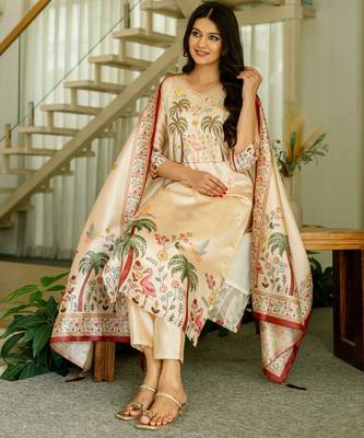 Cream embroidered beads viscose assam silk kurta set with dupatta 3