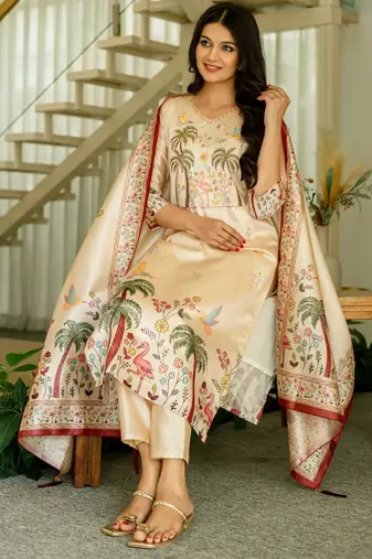 Cream embroidered beads viscose assam silk kurta set with dupatta