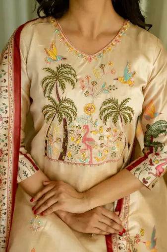 Cream embroidered beads viscose assam silk kurta set with dupatta