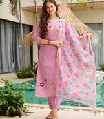 Lavender embroidered beads viscose gadhwal kurta set with dupatta