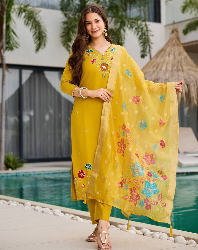 Yellow embroidered beads viscose gadhwal kurta set with dupatta