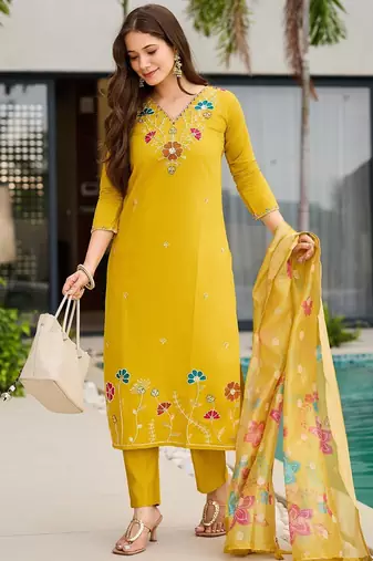 Yellow embroidered beads viscose gadhwal kurta set with dupatta