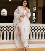 White embroidered viscose chanderi kurta set with dupatta