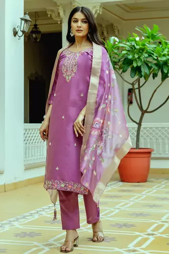 Purple embroidered beads viscose chanderi silk kurta set with dupatta