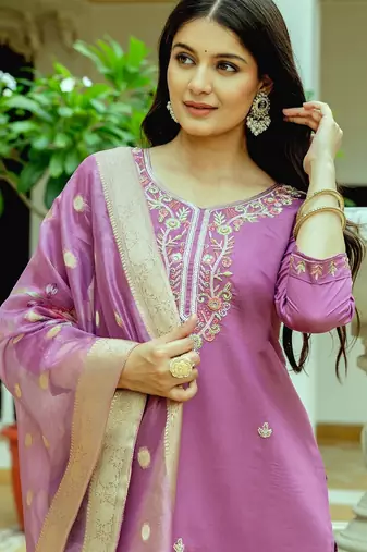 Purple embroidered beads viscose chanderi silk kurta set with dupatta