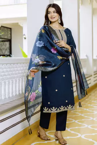 Navy blue embroidered viscose chanderi kurta set with dupatta