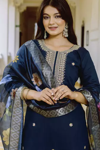 Navy blue embroidered viscose chanderi kurta set with dupatta