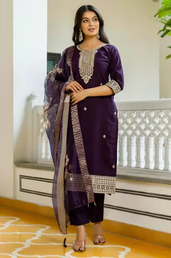 Purple embroidered beads viscose chanderi kurta set with dupatta