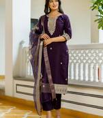 Purple embroidered beads viscose chanderi kurta set with dupatta