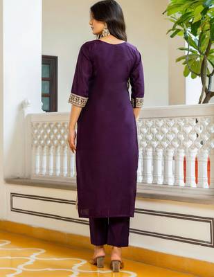 Purple embroidered beads viscose chanderi kurta set with dupatta 4