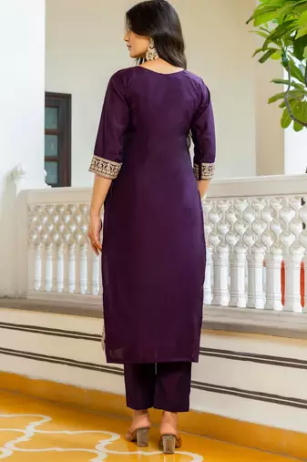 Purple embroidered beads viscose chanderi kurta set with dupatta