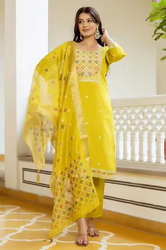 Yellow embroidered viscose shimmer kurta set with dupatta