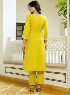 Yellow embroidered viscose shimmer kurta set with dupatta 4