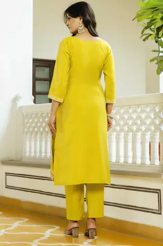 Yellow embroidered viscose shimmer kurta set with dupatta