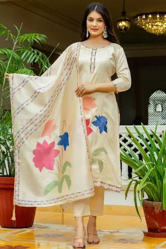 Off white embroidered viscose assam silk kurta set with dupatta