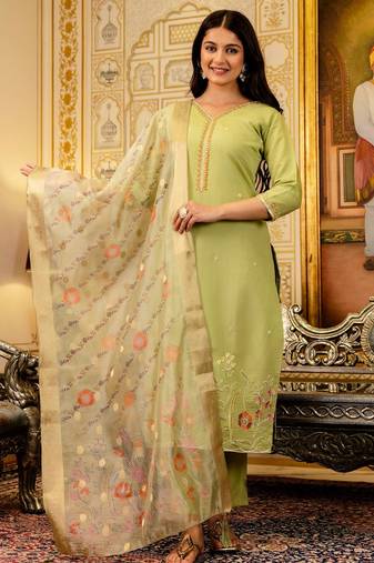 Pista green embroidered viscose simmer kurta set with dupatta