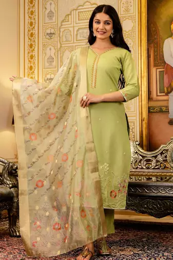 Pista green embroidered viscose simmer kurta set with dupatta