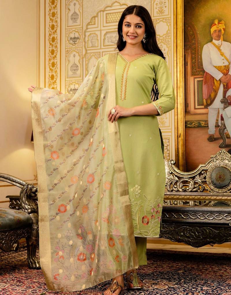 Pista green embroidered viscose simmer kurta set with dupatta