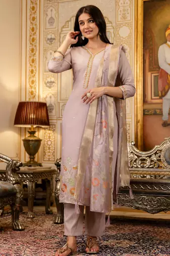 Lavender embroidered viscose simmer kurta set with dupatta