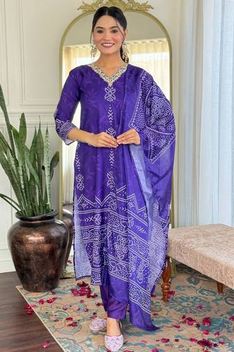 Blue printed french crepe kurta set with dupatta