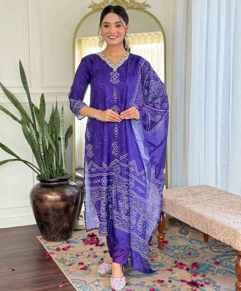 Blue printed french crepe kurta set with dupatta