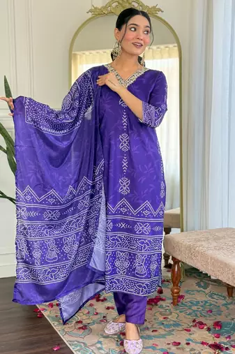Blue printed french crepe kurta set with dupatta