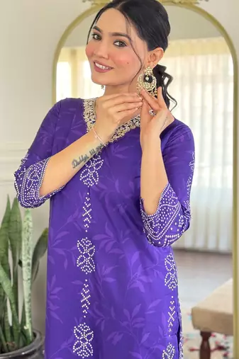 Blue printed french crepe kurta set with dupatta